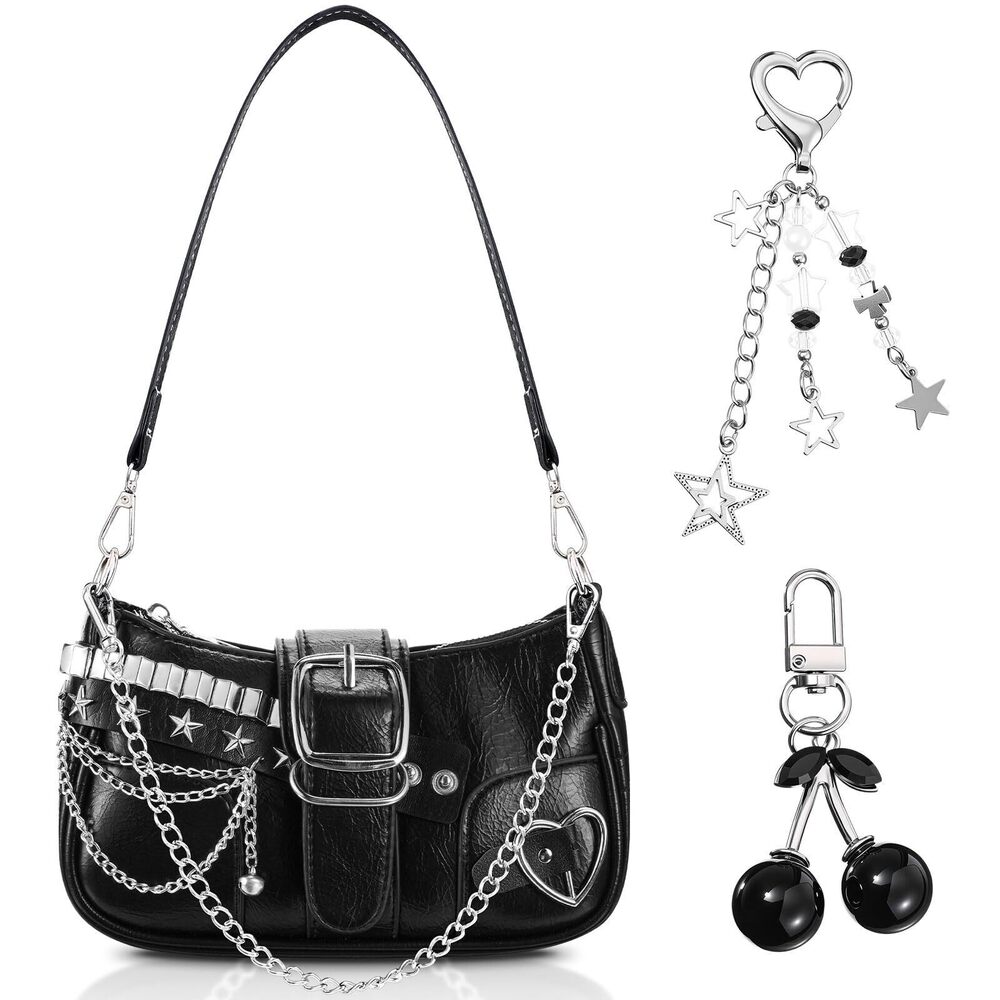 3203 Y2k Purse Cute Vintage Emo Shoulder Bag With Goth Chains Buckle Punk